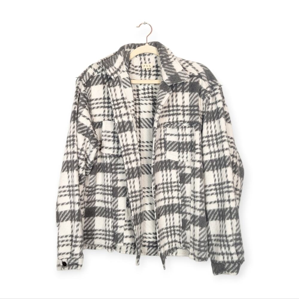 POL Ivory & Grey Soft Plaid Distressed Detail Shacket